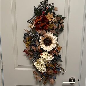Hand Crafted Wreath Primitive Blue Cream Elegant Floral Door Swag Plaid Ribbon